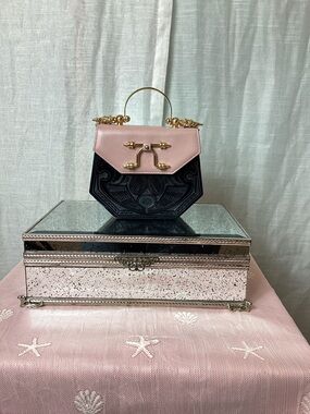 Okhtein Aziza Top-Handle Leather Mini Purse- Black & Pink